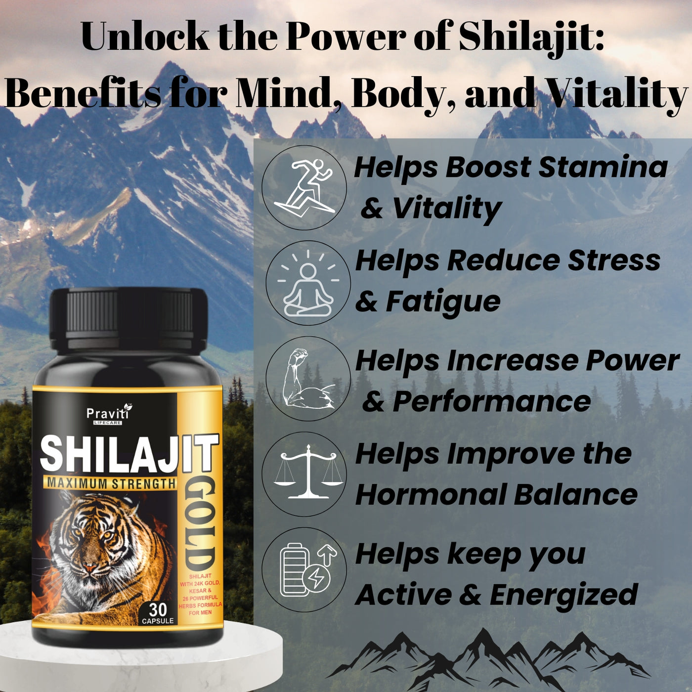 Praviti Life Care Shilajit Gold 30 Capsules | Contains of Ashwagandha, Gokshura, Swarna Bhasma | Helps in boosting Strength, Stamina and Power | Ayurvedic Medicine For Women & Men