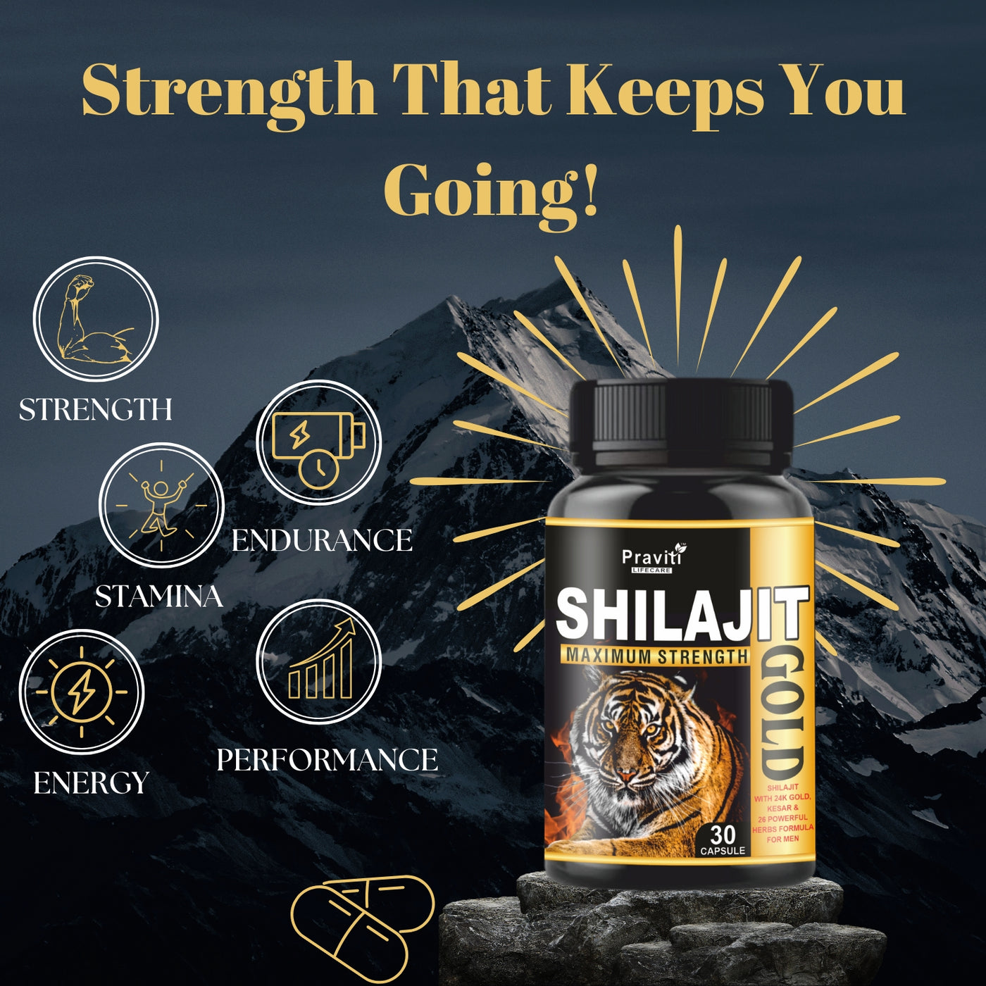 Praviti Life Care Shilajit Gold 30 Capsules | Contains of Ashwagandha, Gokshura, Swarna Bhasma | Helps in boosting Strength, Stamina and Power | Ayurvedic Medicine For Women & Men