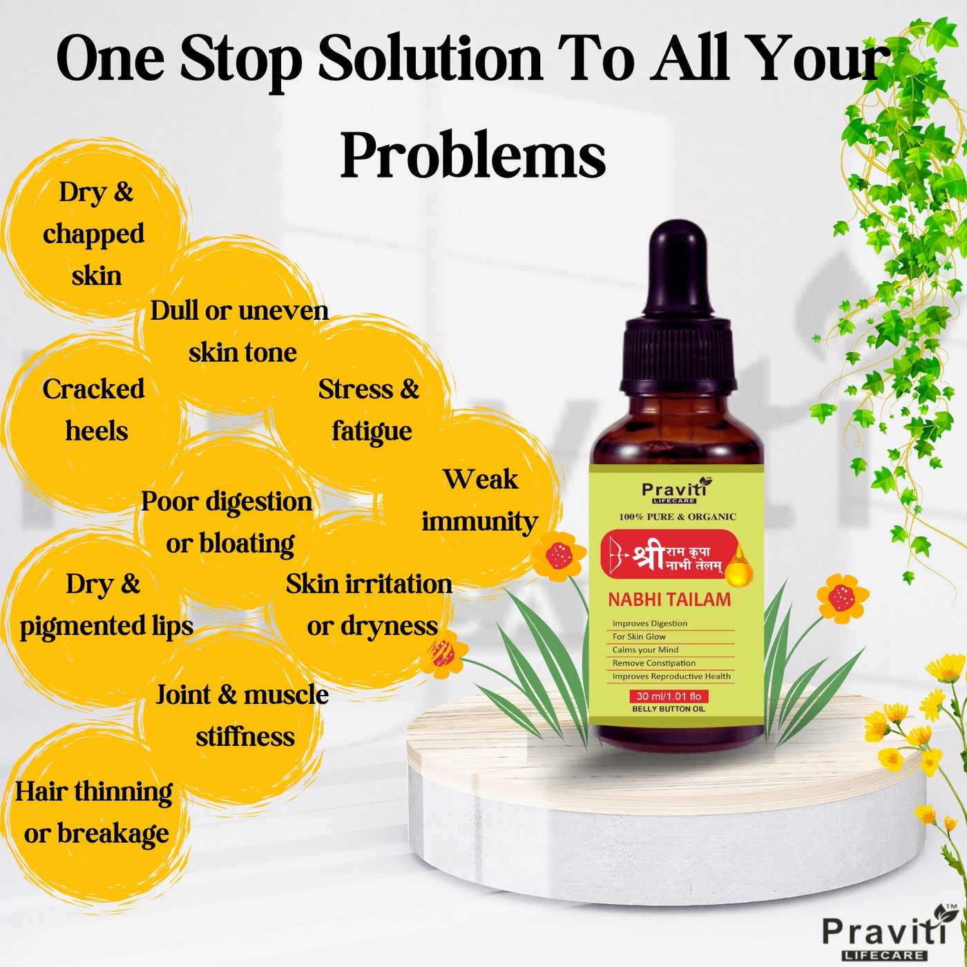 Praviti's Sri Ram Kripa Nabhi Oil | Digestion & Detox Ayurvedic Multi Benefit Belly Button oil | For Healthy Digestion & Bloating Relief, Gut Detox, Sleep-Inducing Stress Relief, Acne Control & Joint Comfort