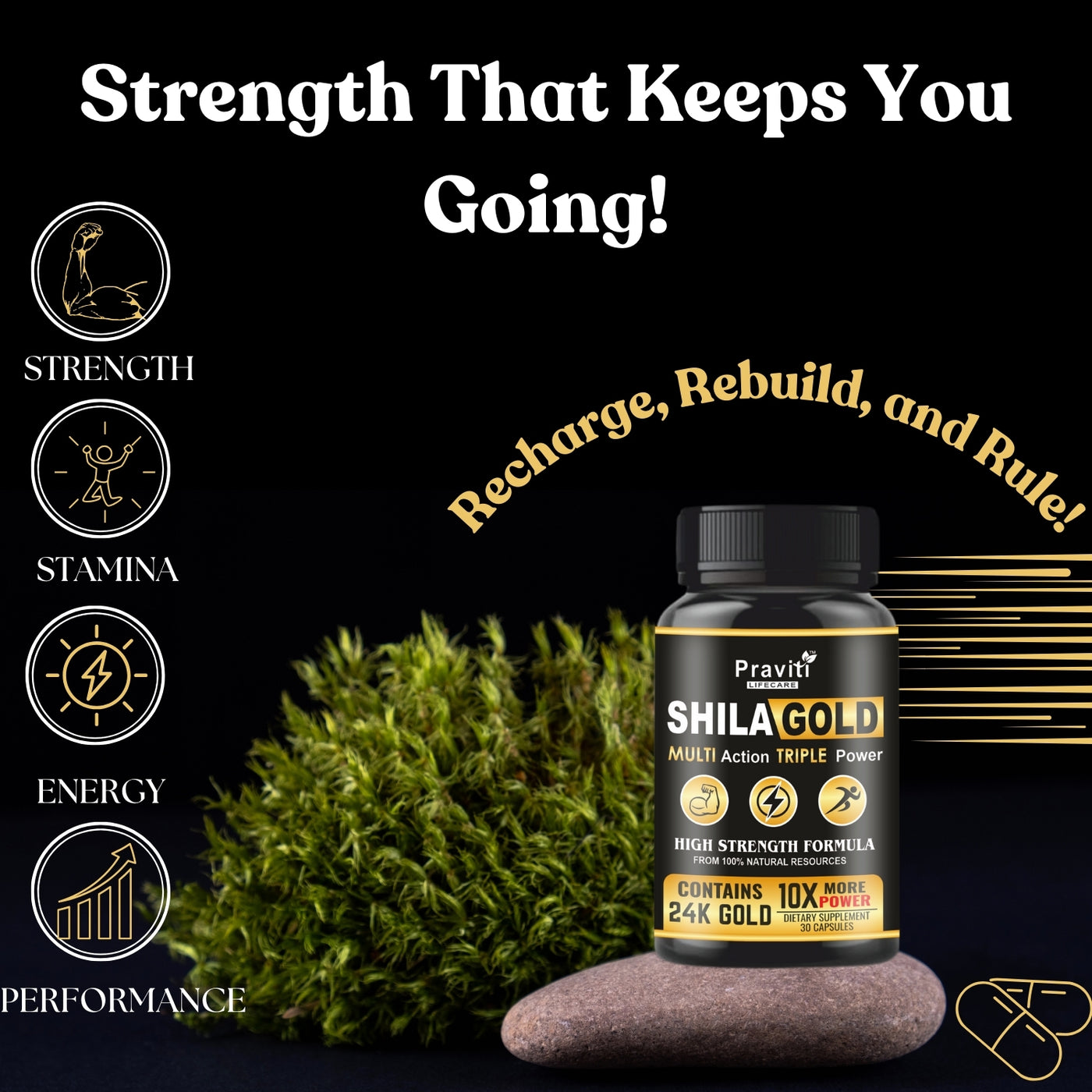 Praviti's Shilajeet Gold Capsules | 100% Pure Himalayan Shilajit + 24 Carat Gold | Restores Vigor and Vitality | Boosts Stamina and Performance