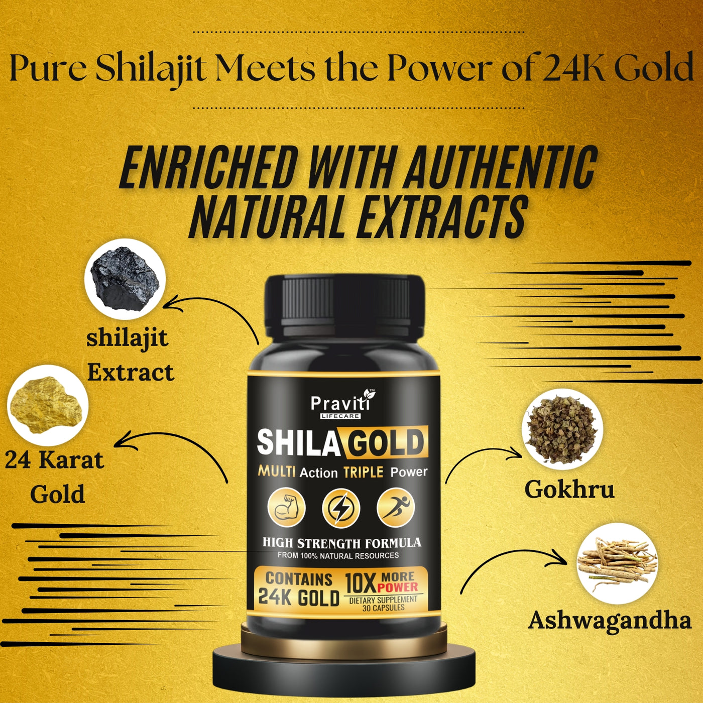 Praviti's Shilajeet Gold Capsules | 100% Pure Himalayan Shilajit + 24 Carat Gold | Restores Vigor and Vitality | Boosts Stamina and Performance