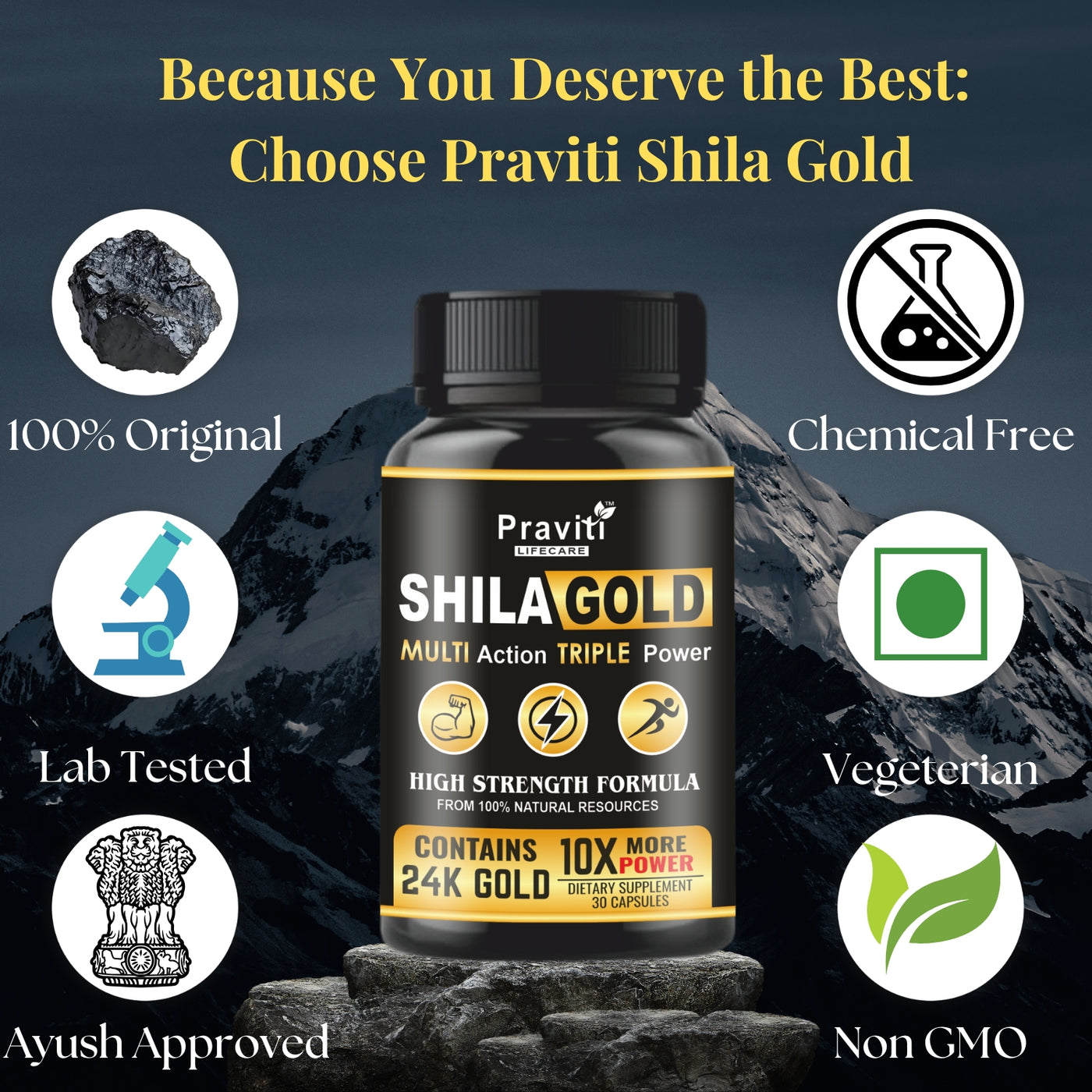 Praviti's Shilajeet Gold Capsules | 100% Pure Himalayan Shilajit + 24 Carat Gold | Restores Vigor and Vitality | Boosts Stamina and Performance