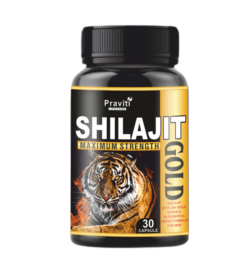 Praviti Life Care Shilajit Gold 30 Capsules | Contains of Ashwagandha, Gokshura, Swarna Bhasma | Helps in boosting Strength, Stamina and Power | Ayurvedic Medicine For Women & Men