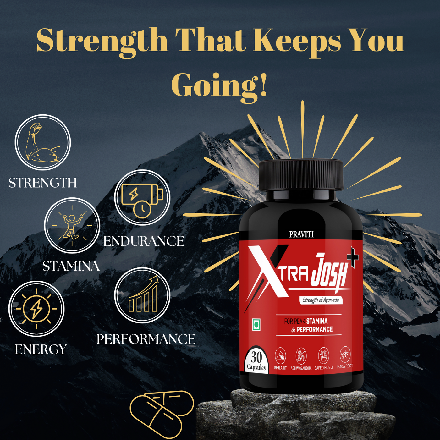 Praviti's Xtra Josh Plus Tablets for Men | Stamina, Energy & Performance Booster | Boosts Vitality, Strength & Endurance | Muscle Support, Enriched with Saponins